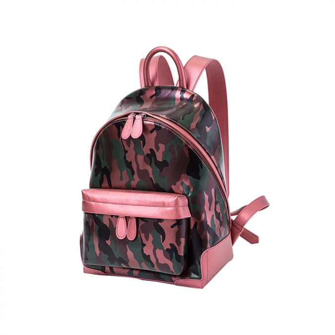 zaino da scuola in vera pelle color rosa camouflage 